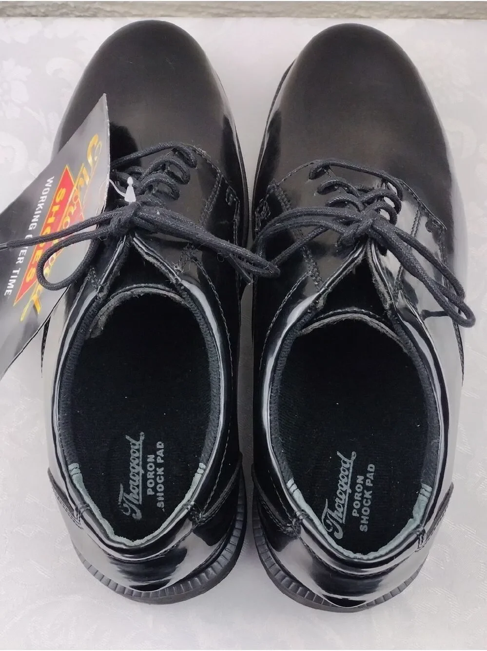 Thorogood Poromeric Black Patent Leather Almond Toe Lace Up Academy Oxford Shoe